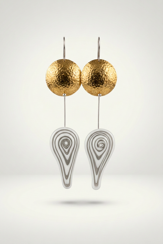 Oriel earrings revised with solid white glass drops and grey swirls