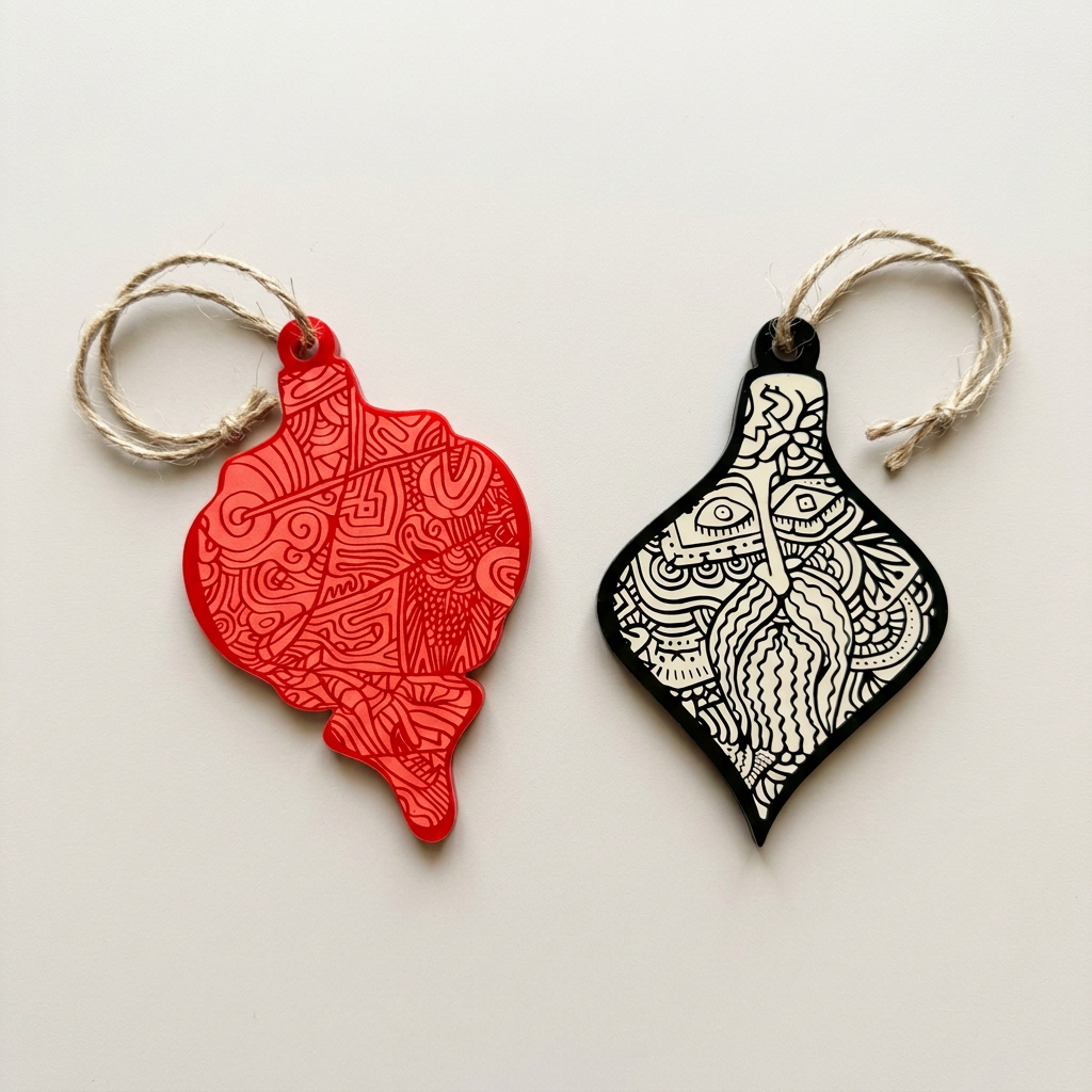 Red and black ornaments with an almost-white background